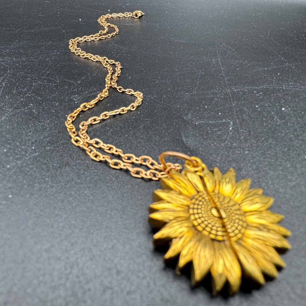 Antique Gold Sunflower You Are My Sunshine Hidden‎ Message Locket Necklace 22in